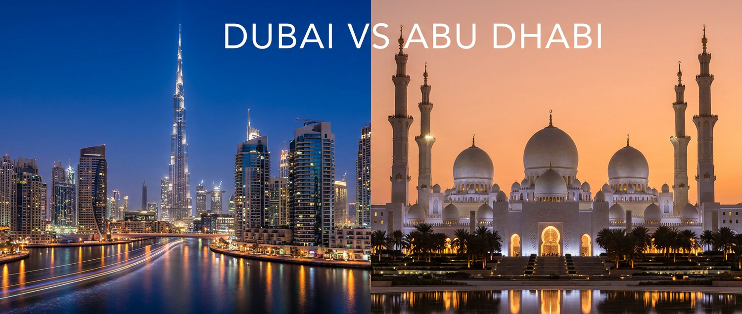 Dubai Burj Khalifa skyline vs Abu Dhabi Sheikh Zayed Grand Mosque — Dubai vs Abu Dhabi travel comparison