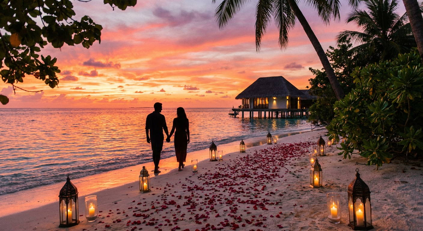 Romantic couple on beach at sunset for honeymoon — honeymoon planning guide for Indian couples