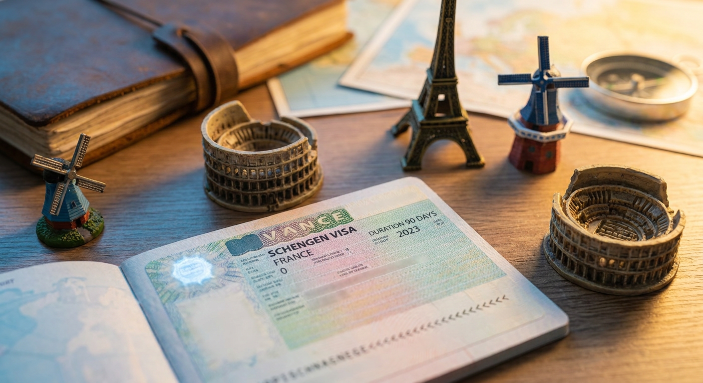 Schengen visa stamp on Indian passport with European landmarks — Schengen visa guide for Indian travellers