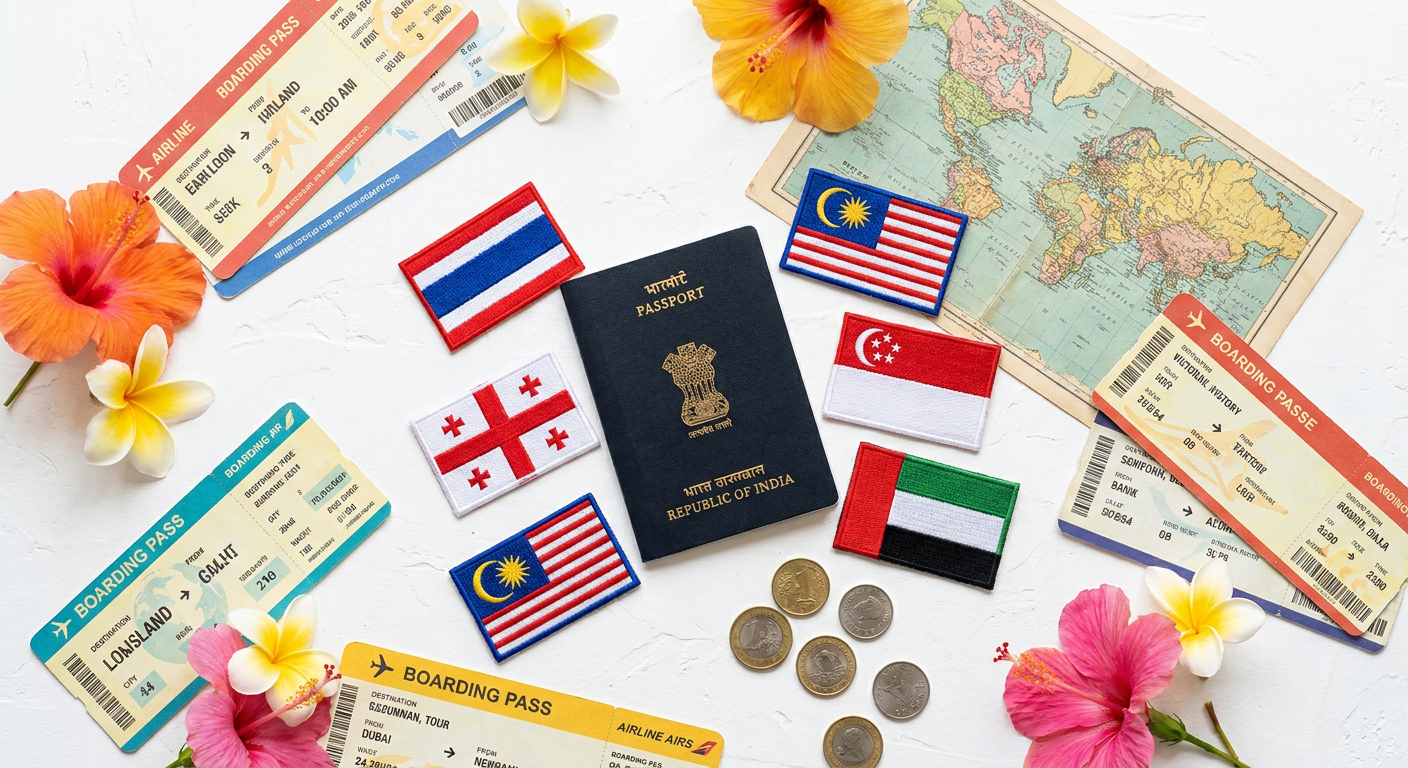 Indian passport with international destination flags and boarding passes — top travel destinations for Indian passport holders 2025