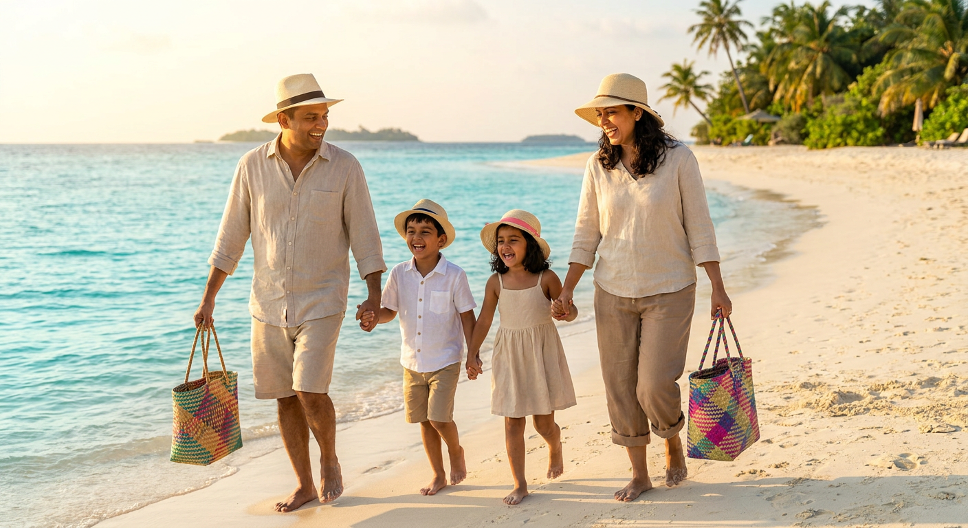 Happy Indian family with children on tropical beach holiday — family travel tips for travelling with kids