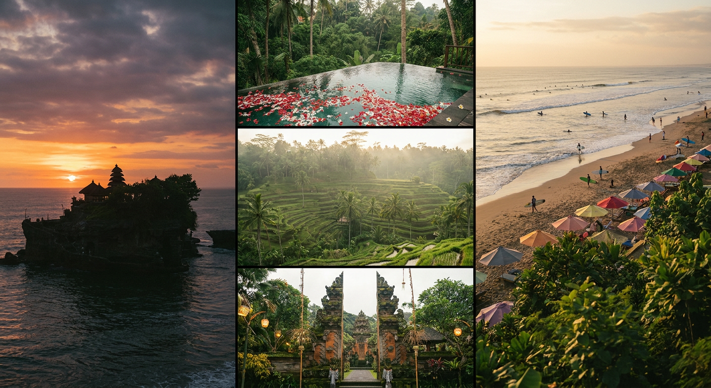 Bali tour packages from India — Tegalalang rice terraces, Tanah Lot temple, Ubud infinity pool and Seminyak beach