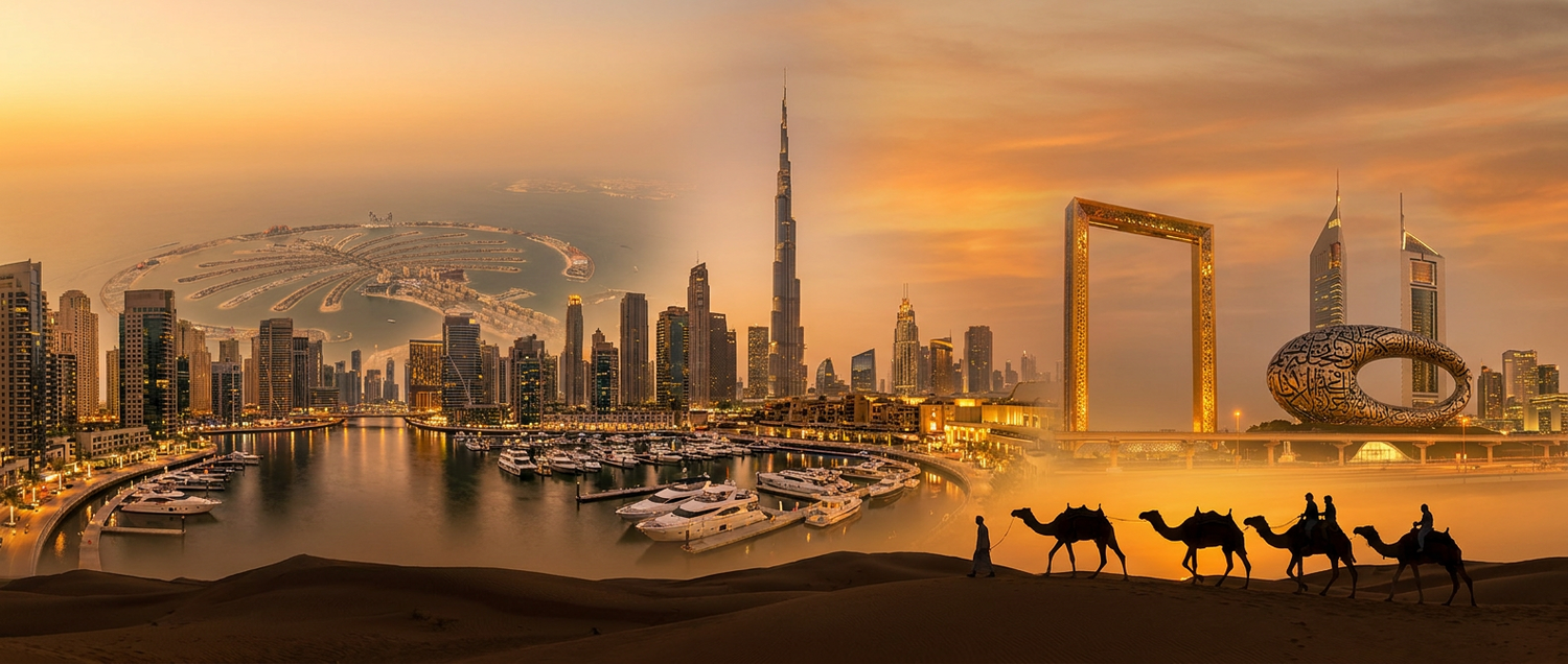 Dubai tour packages from India — Burj Khalifa skyline, Palm Jumeirah, desert safari and Dubai Mall