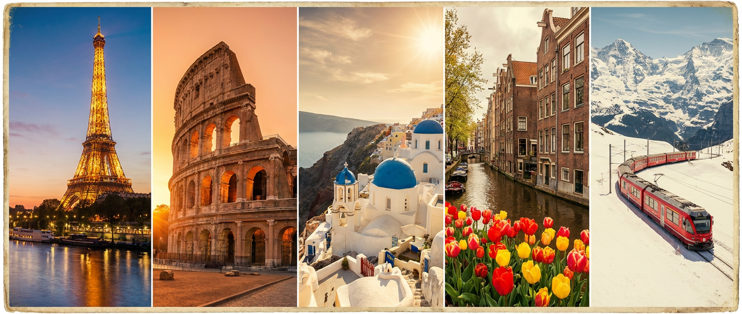 Europe tour packages from India — Eiffel Tower Paris, Colosseum Rome, Santorini, Swiss Alps and Amsterdam canals
