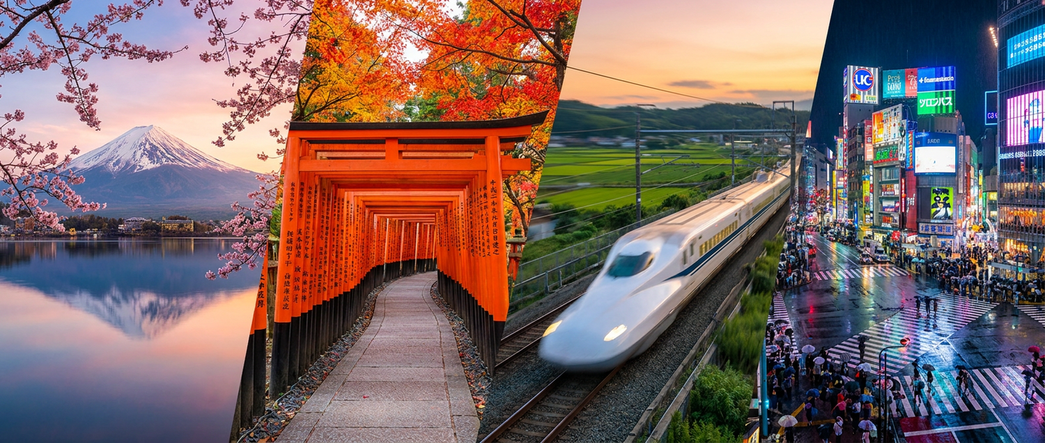 Japan tour packages from India — Mount Fuji cherry blossoms, Kyoto torii gates, Tokyo Shibuya and bullet train
