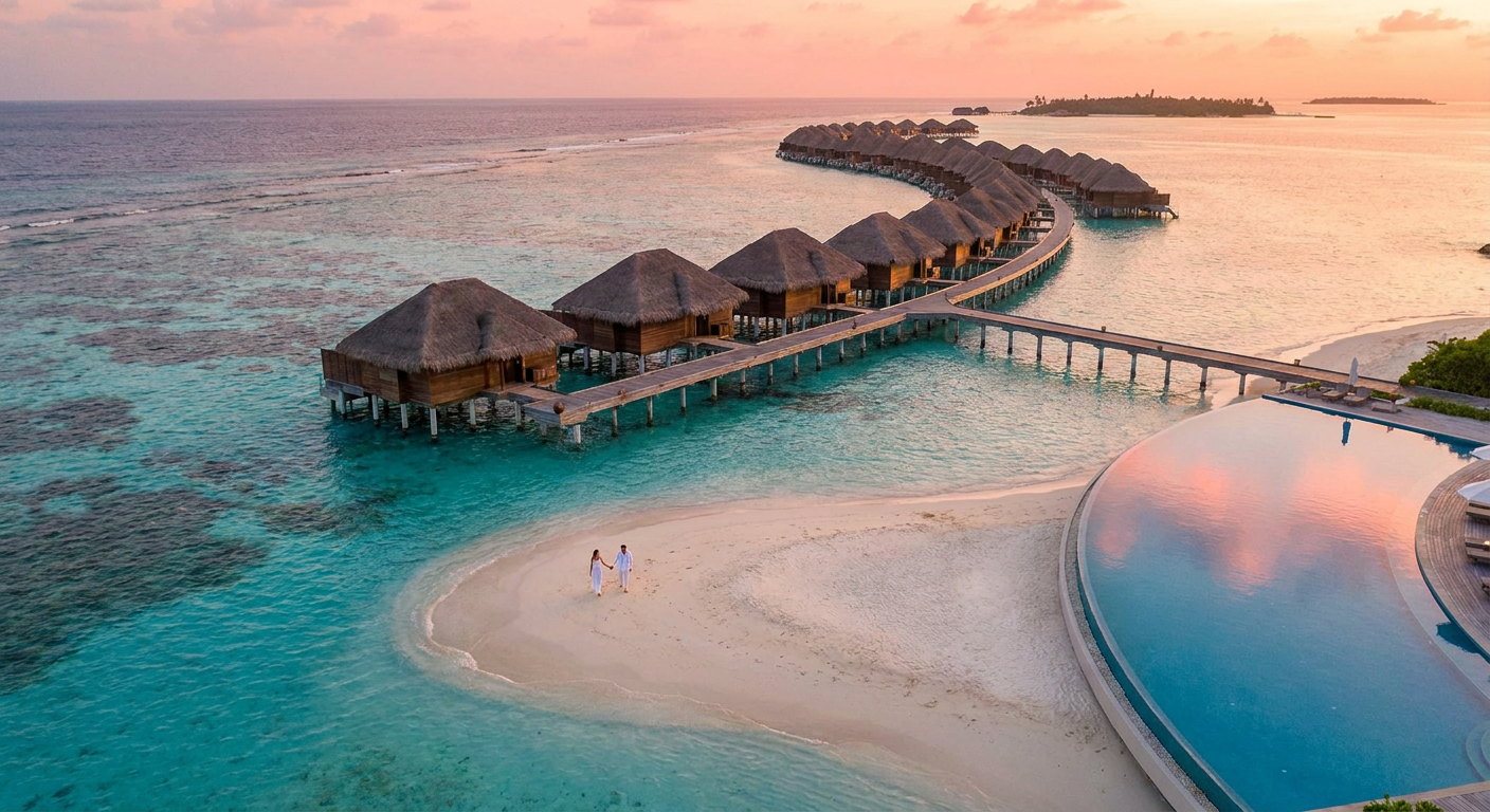 Maldives tour packages from India — overwater bungalow, turquoise lagoon, coral reef snorkelling and private sandbank