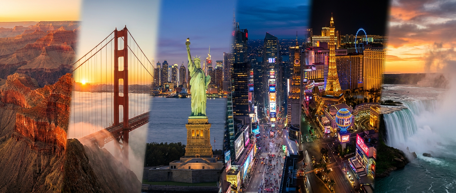USA tour packages from India — New York skyline, Grand Canyon, Statue of Liberty, Golden Gate Bridge and Las Vegas