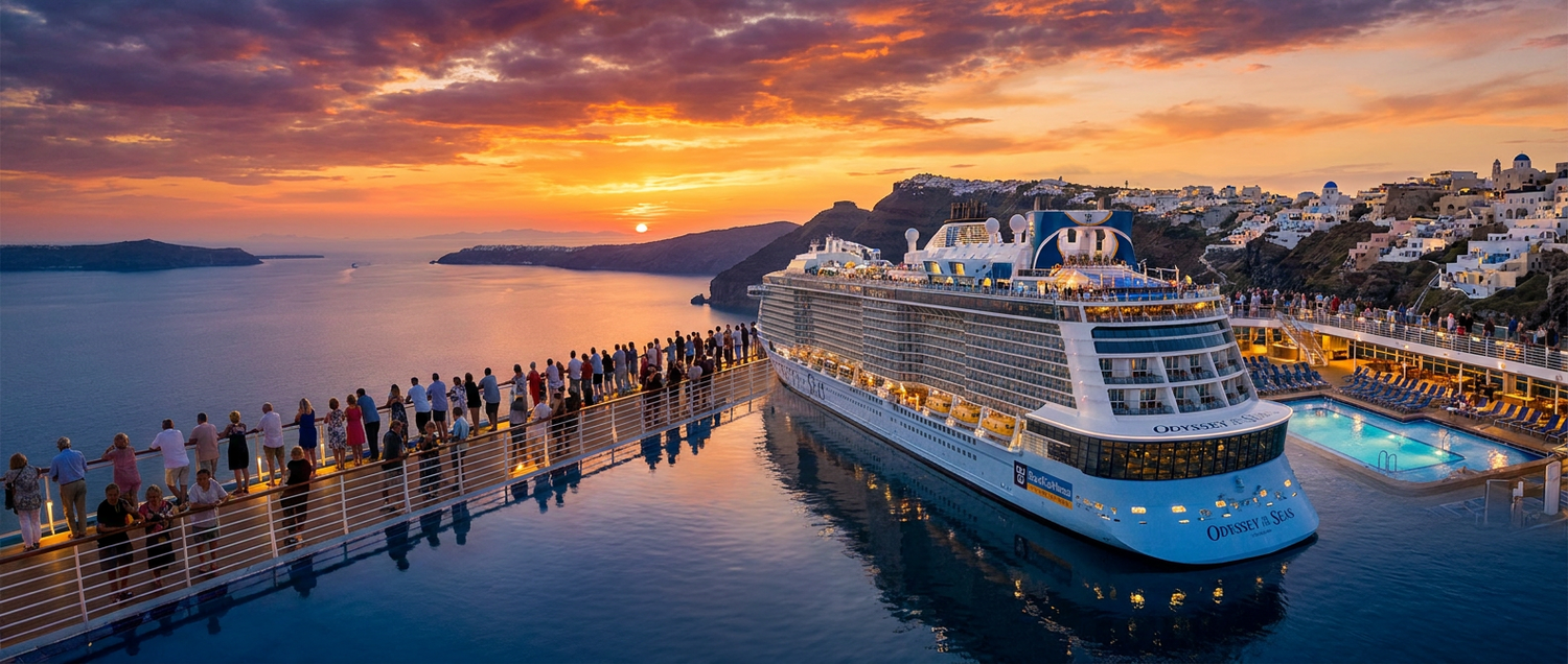 Cruise holiday packages from India — Royal Caribbean Mediterranean cruise ship at sunset