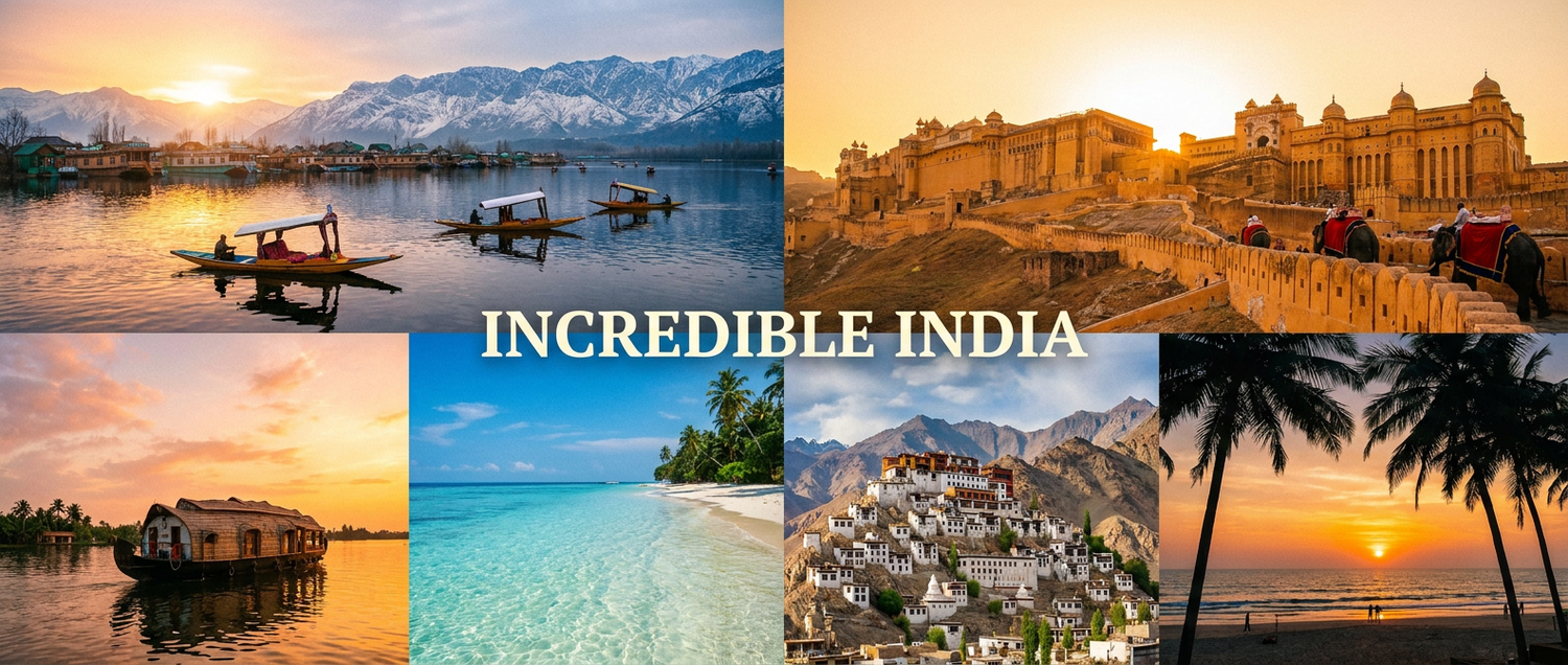 Domestic tour packages in India — Kashmir Dal Lake, Rajasthan forts, Kerala backwaters, Goa beaches