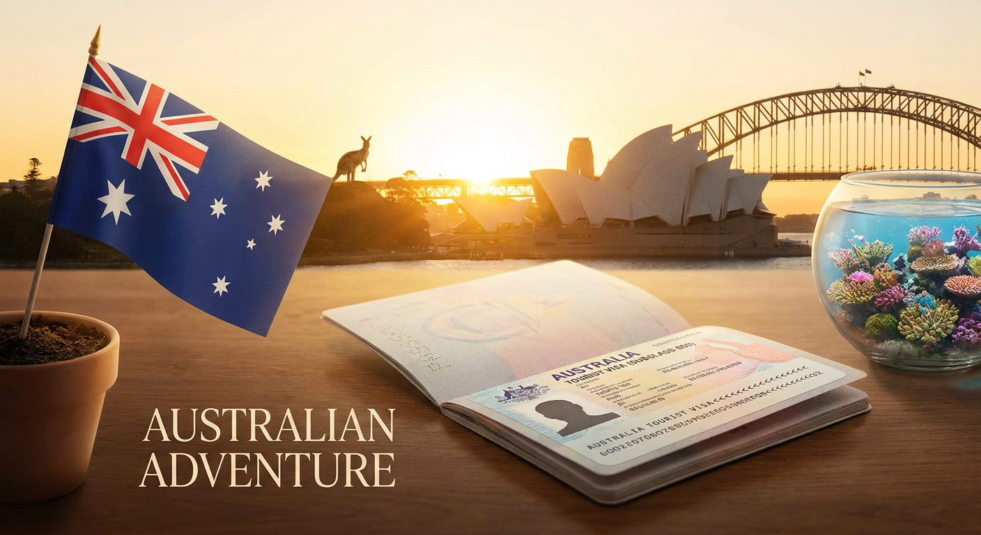 Australia tourist visa subclass 600 for Indians — Sydney Opera House, kangaroo and Australian flag