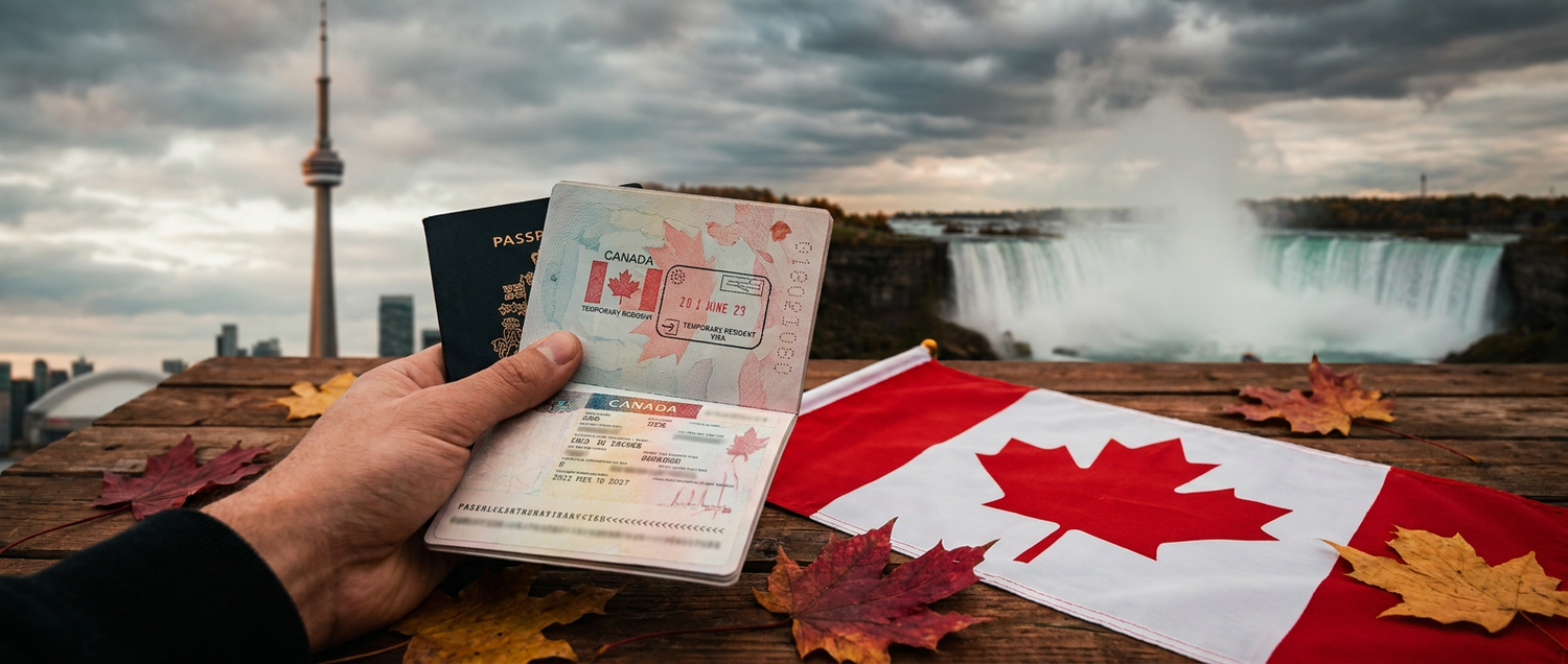 Canada visitor visa TRV for Indians — Canadian maple leaf flag, CN Tower and Niagara Falls