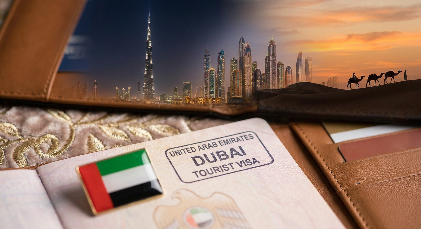 Dubai UAE tourist visa for Indians — Burj Khalifa, UAE flag and desert landscape