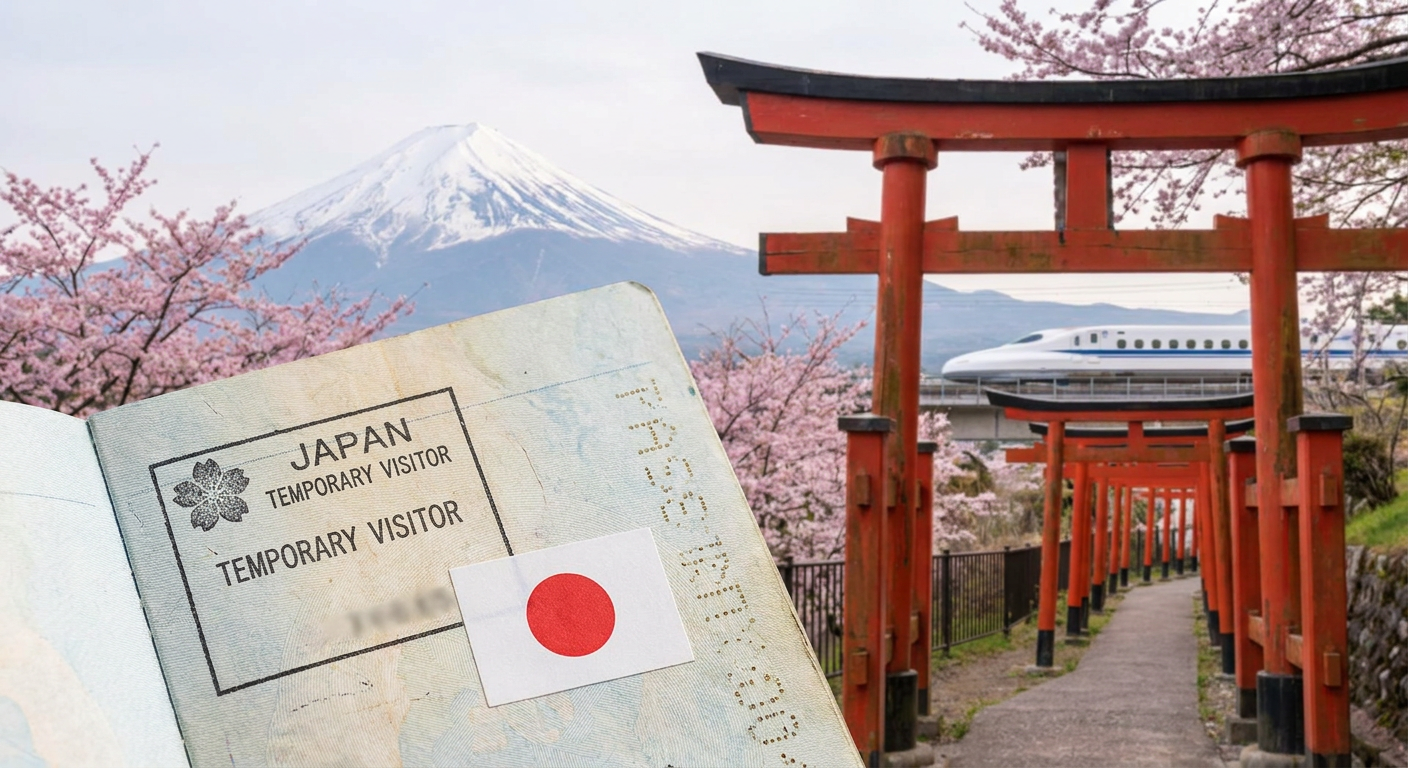 Japan tourist visa for Indians — Mount Fuji cherry blossoms, torii gate and Japanese passport stamp