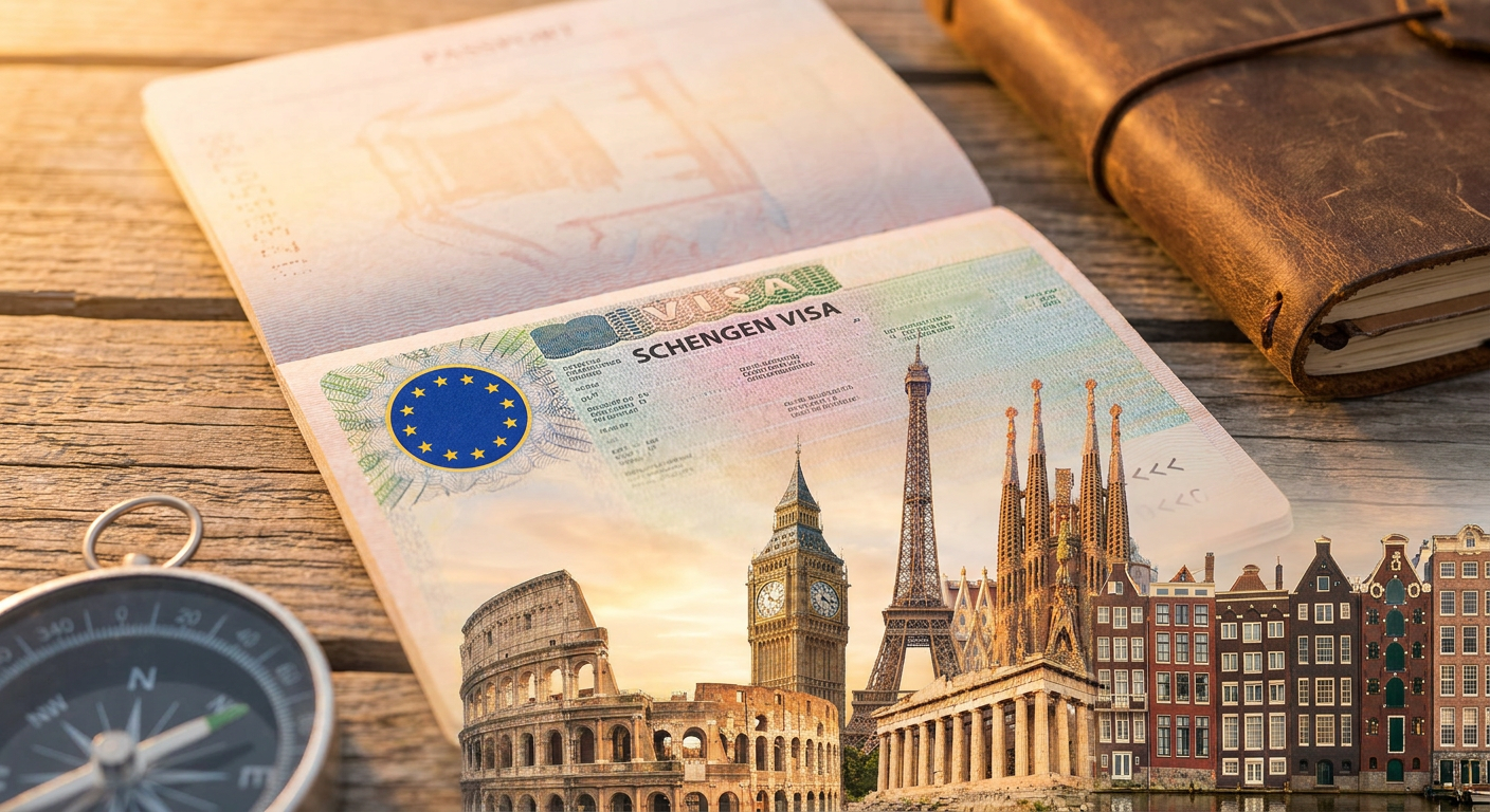 Schengen visa for Indians — Eiffel Tower, Colosseum, European passport stamp and EU flag