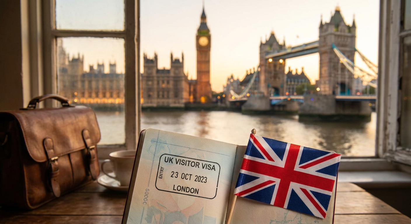 UK Standard Visitor Visa for Indians — Big Ben, Tower Bridge and British passport stamp