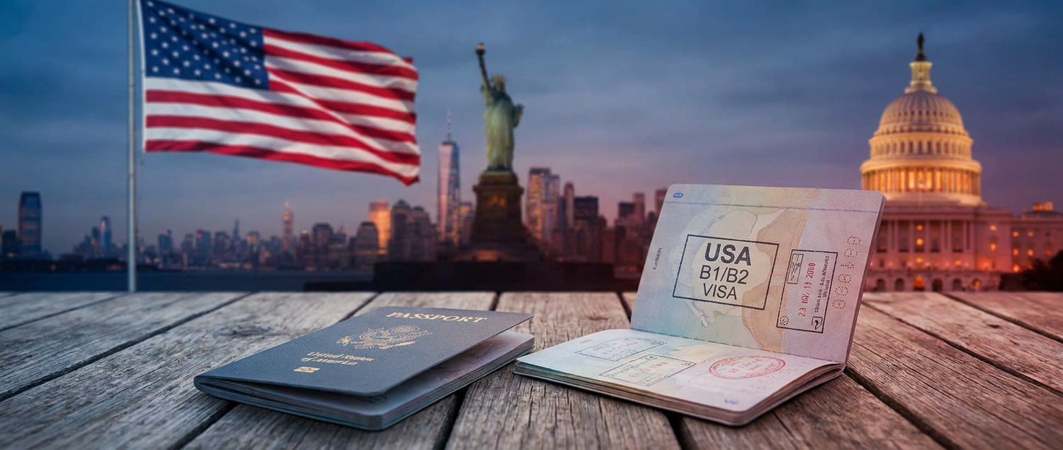 USA B1/B2 visa for Indians — Statue of Liberty, American flag and passport stamp